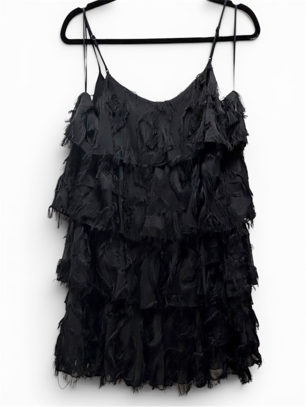 Waverly Grey Black Tiered Fringe Slip Dress